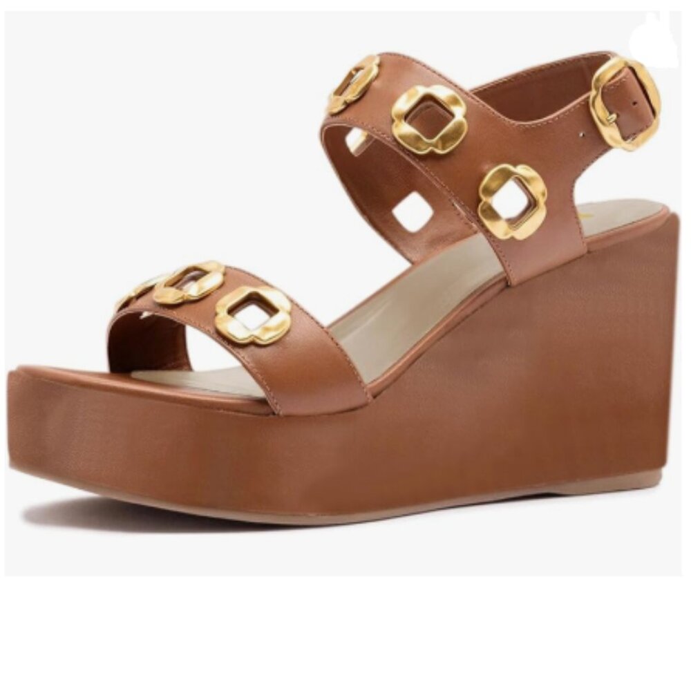YDN Brown Open Toe Wedges High Heeled Metal Decor Strap Buckle Platform Sandals